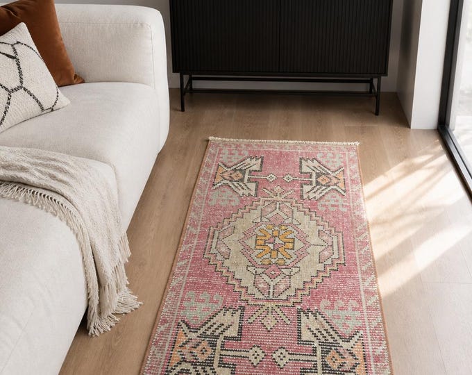 2x4 Vintage Turkish Oushak Rug, Handmade Wool Soft Pink Pastel Entryway Rug