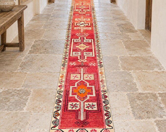 2x16 Vintage Turkish Runner Rug, Extra Long Faded Red Wool Geometric Hallway Runner