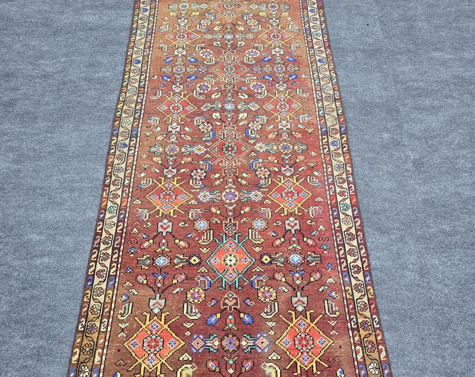3x10 Vintage Turkish Runner Rug, Handmade Wool Brown Floral Geometric Hallway Carpet