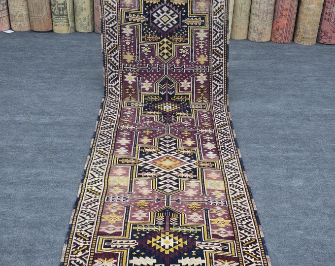 3x10 Vintage Turkish Oushak Runner Rug, Purple Geometric Wool (3'2" x 10'3") Anatolian Decor
