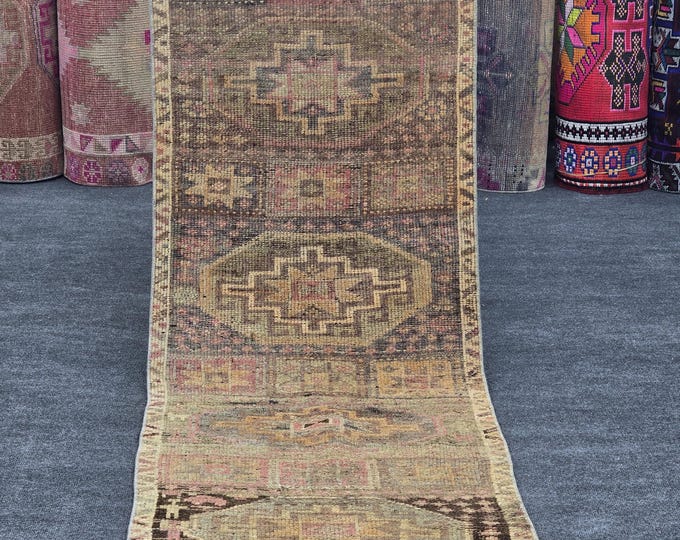 2x7 Vintage Turkish Runner Rug, Faded Blush Pink Beige Geometric Hallway Carpet (2'2" x 7'2")
