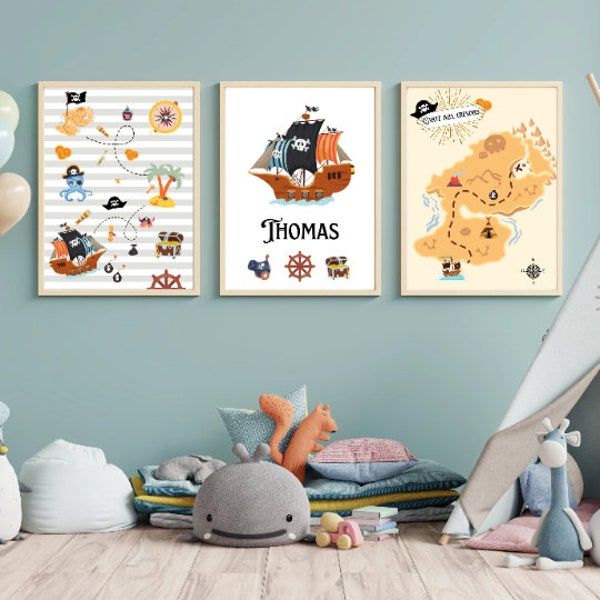 Affiches pirate enfant - trio pirate carte aux trésors prénom  - Décoration pirate chambre de bébé par Imagine Ton Affiche