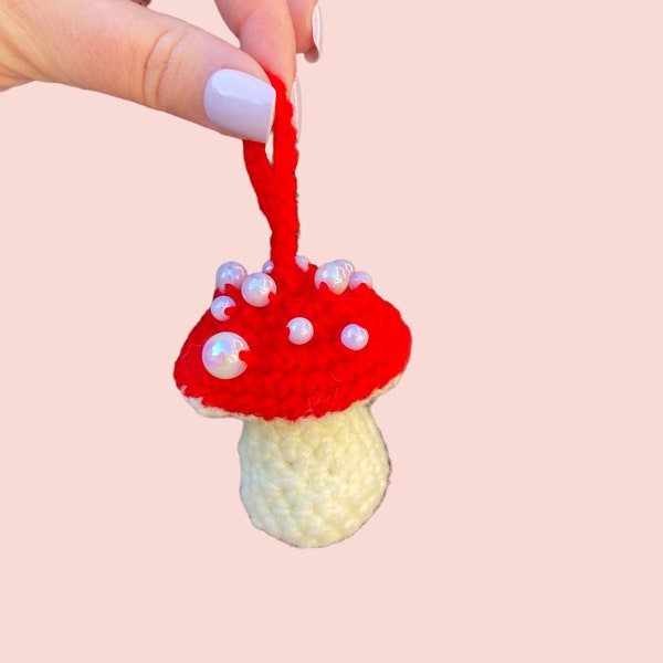 Crochet Pearl Mushroom Keychain