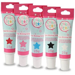May include: Five tubes of cake decorating writing icing in red, pink, blue, black, and white. Each tube is 25 grams.