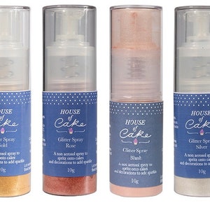 May include: Four 10g bottles of edible glitter spray for cakes and decorations. The bottles are labelled "House of Cake" and come in gold, rose, blush, and silver.