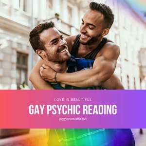 Peut inclure: Image de deux hommes souriants s'embrassant à l'extérieur. Le texte superposé indique "LOVE IS BEAUTIFUL" et "GAY PSYCHIC READING" avec un nom d'utilisateur Instagram. L'arrière-plan présente un dégradé arc-en-ciel.