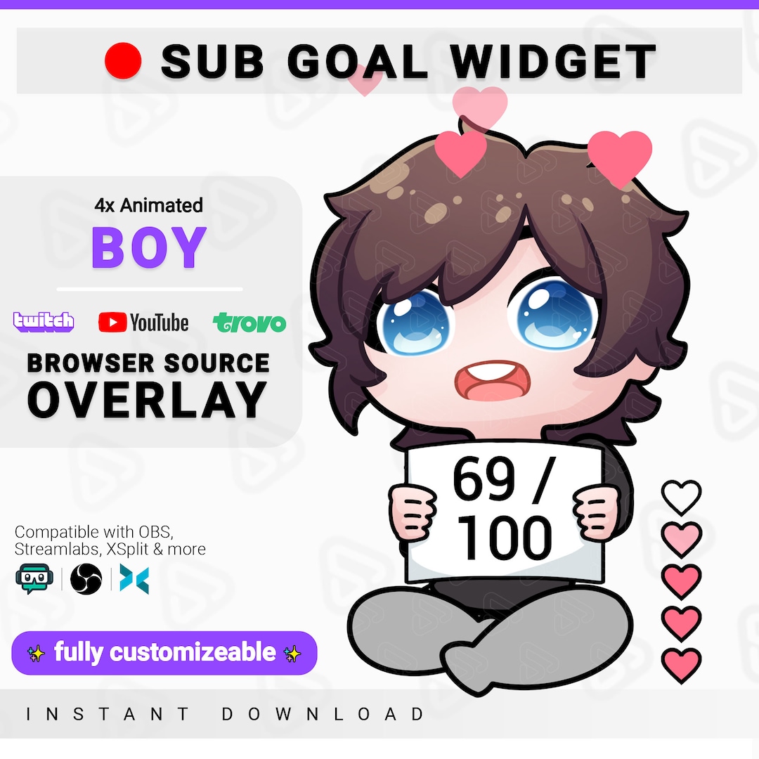 Twitch Sub Goal Widget Cute Boy Chibi OBS Widget Overlay Sobreposição ...