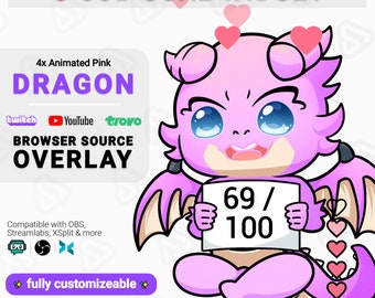 Twitch Sub Goal Widget Pet Cute Pink Dragon OBS Widget Overlay | Fully Customizable Stream Widget Overlay for OBS/Streamlabs OBS