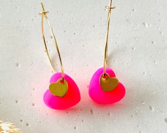 Super light earrings in different colors, hoop earrings with heart pendant, stainless steel hoop earrings gold-plated, lucky jewel