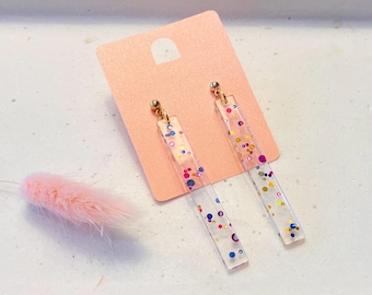 Confetti statement earrings, large earrings, statement jewelry, stainless steel stud earrings with pendant, unique earrings, lucky charm
