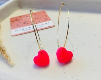 Handmade earrings in bright neon colors, hoop earrings with pendant, drop earrings, statement earrings, Fimo earrings, lucky jewel