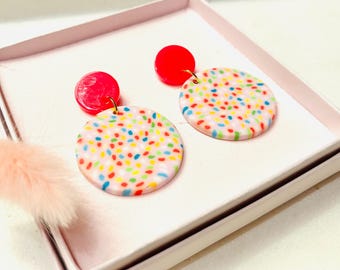 Statement earrings, unique drop earrings, large light earrings, pink earrings, colorful earrings, festival earrings, lucky jewel