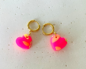 Handmade earrings in vibrant neon colors, lightweight heart pendant earrings, dangle earrings, statement earrings, polymer clay, lucky charm