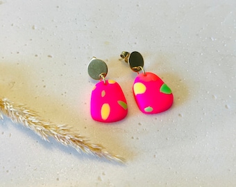 Colorful statement earrings, feather-light earrings, Fimo jewelry, neon-colored drop earrings, pink earrings, polymer clay earrings, lucky charm