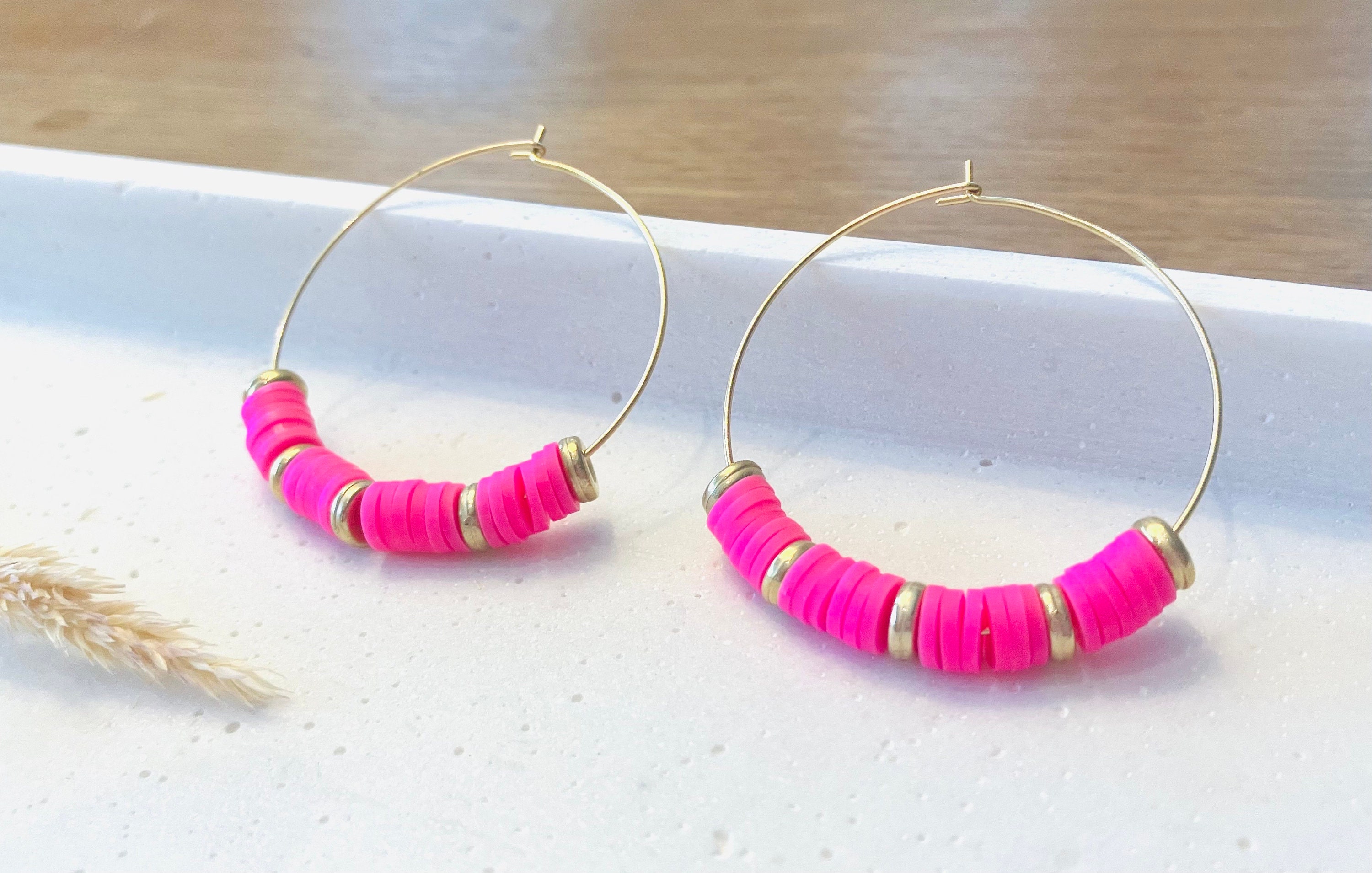 Handmade earrings in bright neon pink, drop earrings, special earrings, statement earrings, gold hoop earrings, Fimo, lucky jewel