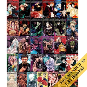Op de afbeelding: Een verzameling van 31 Jujutsu Kaisen manga boeken, volumes 0-30, met kleurrijke covers met verschillende personages en scènes uit de serie. De ruggen tonen de serietitel. Een gele banner geeft de volledige set aan.