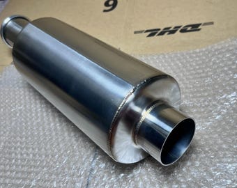 Bassy Stainless Steel Exhaust Muffler 2.5” Inlet/Outlet (Universal Weld-On Tip, Deep Sport Sound, Performance Car Exhaust Upgrade, Express