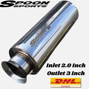 Spoon Sports Trumpet Universal Single Exhaust Muffler Inlet 2.0” Outlet 3.0” Stainless Steel Performance Rear Bullet Silencer Worldwide Ship