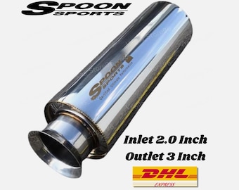 Spoon Sports Trumpet Universal Single Exhaust Muffler Inlet 2.0” Outlet 3.0” Stainless Steel Performance Rear Bullet Silencer Worldwide Ship