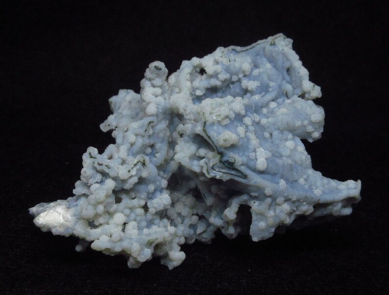 Puede incluir: Un racimo de calcedonia azul con cristales de drusa blancos. La calcedonia tiene un aspecto estratificado y bandeado, y los cristales de drusa son peque&ntilde;os y brillantes.