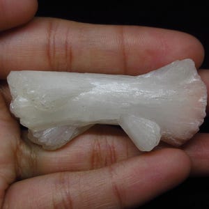 Könnte beinhalten: Nahaufnahme einer weißen, kristallinen Mineralprobe. Das Mineral hat eine raue, strukturierte Oberfläche und eine einzigartige, längliche Form mit flügelartigen Vorsprüngen. Die Probe wird in einer Hand gehalten.