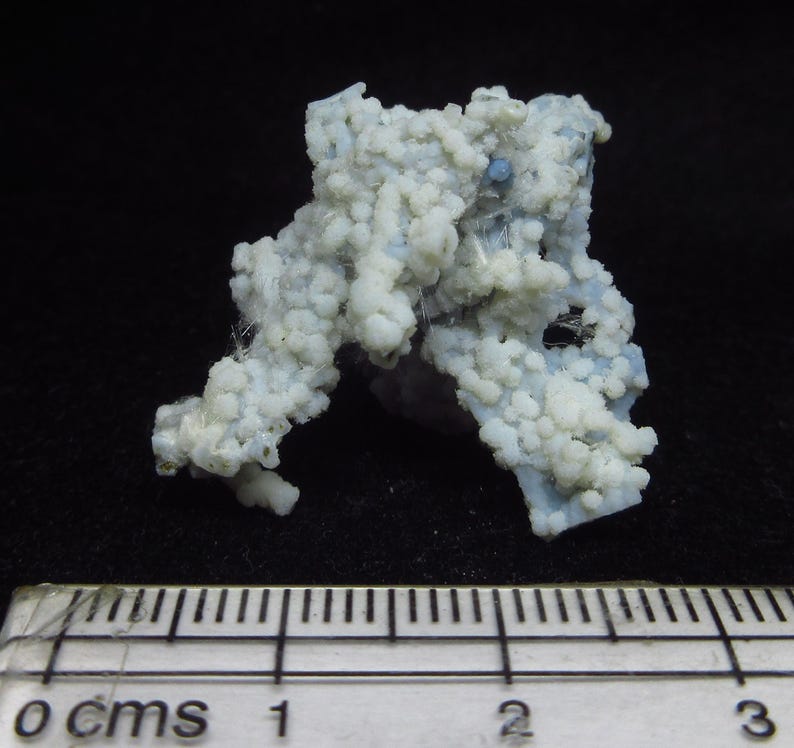May include: A light blue mineral specimen with a cluster of small, rounded formations. The mineral has a textured, bubbly appearance and is set against a black background. A ruler with centimeter markings is at the bottom.
