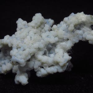 May include: A close-up of a mineral specimen with a light blue and white color. The mineral has a clustered, textured appearance, with small, rounded formations. Fine, white, hair-like structures are visible throughout the specimen.
