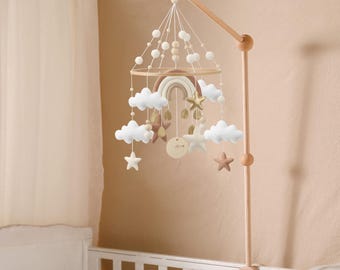 Rainbow Baby Mobile: Felt Clouds, Stars, Gold Detail Nursery Decor