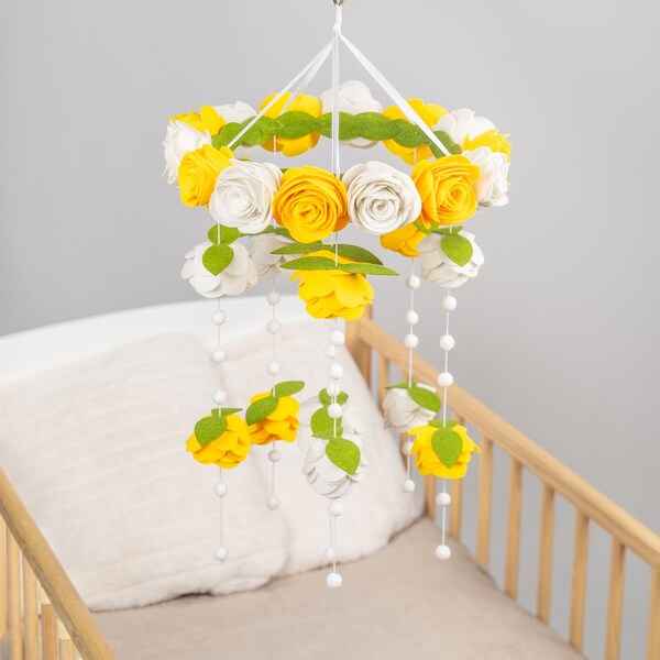 Vintage style handmade yellow and white flower baby mobile