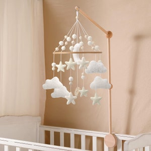 Felt Cloud Crib Mobile: Vintage White Stars and Moon Nursery crib mobile in neutral to work with any nursery theme