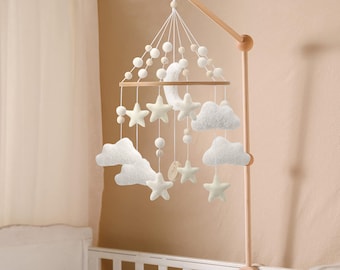 Felt Cloud Crib Mobile: Vintage White Stars and Moon Nursery crib mobile in neutral to work with any nursery theme