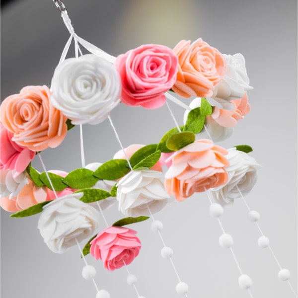 Vintage style handmade pink and white flower baby mobile
