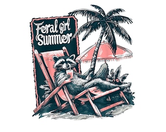 Vintage Feral Girl Summer Opossum Funny Raccoon Girls Women Digital PNG