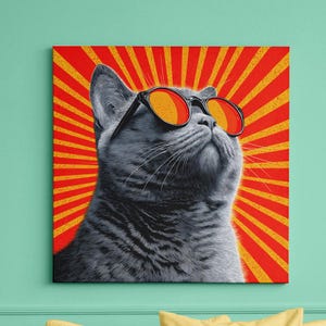 Cool Cat Canvas Wall Art, Retro Cat Decor, Pet Lover Gift, Home Wall Decoration, Unique Animal Art, Cat Mom Home Decor