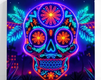 Neon Sugar Skull, Vibrant Day of the Dead Wall Art, Unique and