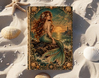 Hardcover Journal, Lined Journal, Vintage Mermaid Notebook, Ocean Writing Journal, Coastal Notebook
