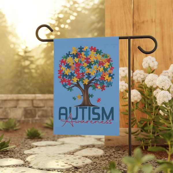 Bandiera da giardino con albero puzzle per la consapevolezza dell'autismo, bandiera decorativa fronte-retro in tessuto di tela poly popeline