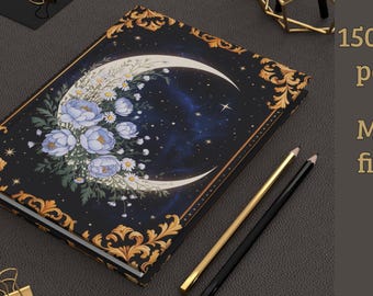 Floral Crescent Moon Journal, Celestial Hardcover Notebook, Night Sky Lined Diary, Astrology Writing Journal, Gift for Moon Lovers