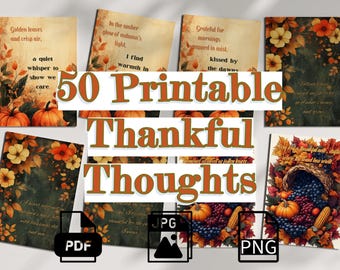 50 Printable Thanksgiving Cards, Digital Thankful Thoughts 5x7, PDF JPG PNG, Fall Greeting Cards, Autumn Gratitude Cards