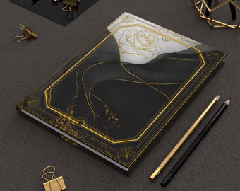 Elegant Black and Gold Rose Journal, Hardcover Notebook with Perforated Pages, Matte Finish, Aesthetic Writing Journal