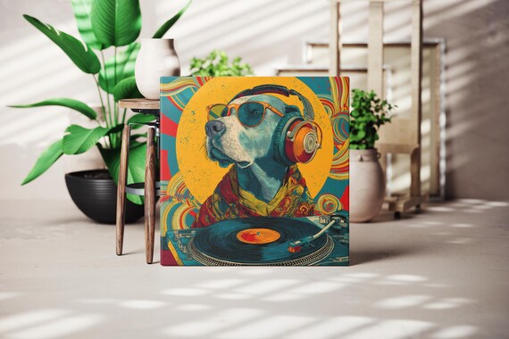 DJ Dog Canvas Wall Art | Cool Retro Dog With Headphones Print