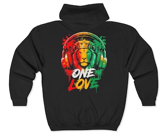 One Love Hoodie, Jamaica Hoodie, Reggae Hoodie, Rasta Lion Zip Up Hoodie, Lion of Judah Sweatshirt