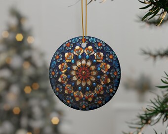 Op de afbeelding: Een ronde kerstbal met een blauw, oranje en wit mandala-ontwerp. De bal heeft een gouden koord om op te hangen.