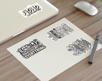 Sticker Sheet, Funny ADHD Stickers, 4 Vinyl Decals, Planner Stickers, White Transparent or Holographic Finish
