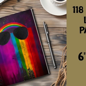 May include: A spiral bound notebook with a rainbow and sunglasses design. The cover is black with a rainbow dripping down from the sunglasses. The notebook has 118 ruled pages and measures 6 inches by 8 inches.