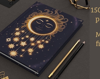 Celestial Sun Moon Journal, Gold Eclipse Notebook, Astrology Aesthetic Hardcover Journal, Lined Writing Diary, Gift for Spiritual Women