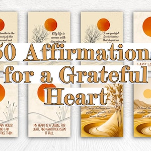 50 afdrukbare affirmaties voor een dankbaar hart, digitale dankbaarheidskaarten voor mindful leven, pdf, jpg, png, wellnessbevestigingsset