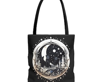 Enchanted Forest Cats Tote Bag, Mystical Feline Celestial Dance, Cat, moon and stars, black cat