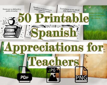 50 Printable Spanish Teacher Appreciation Cards, PDF JPG PNG, 5x7 Format, Spanish Maestra Gift, Teacher Thank You Cards