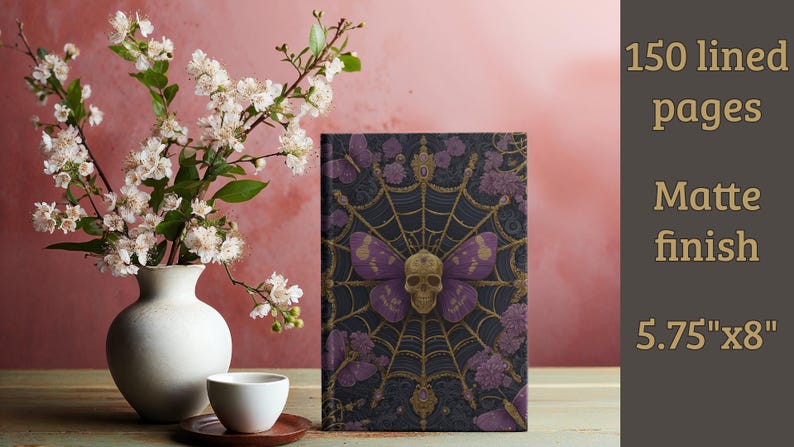 Hardcover journal featuring an ornate gothic design of a golden skull with purple butterfly wings at the center of a golden spiderweb. Surrounded by rich purple flowers, butterflies, and intricate details, all set against a dark, swirling background.